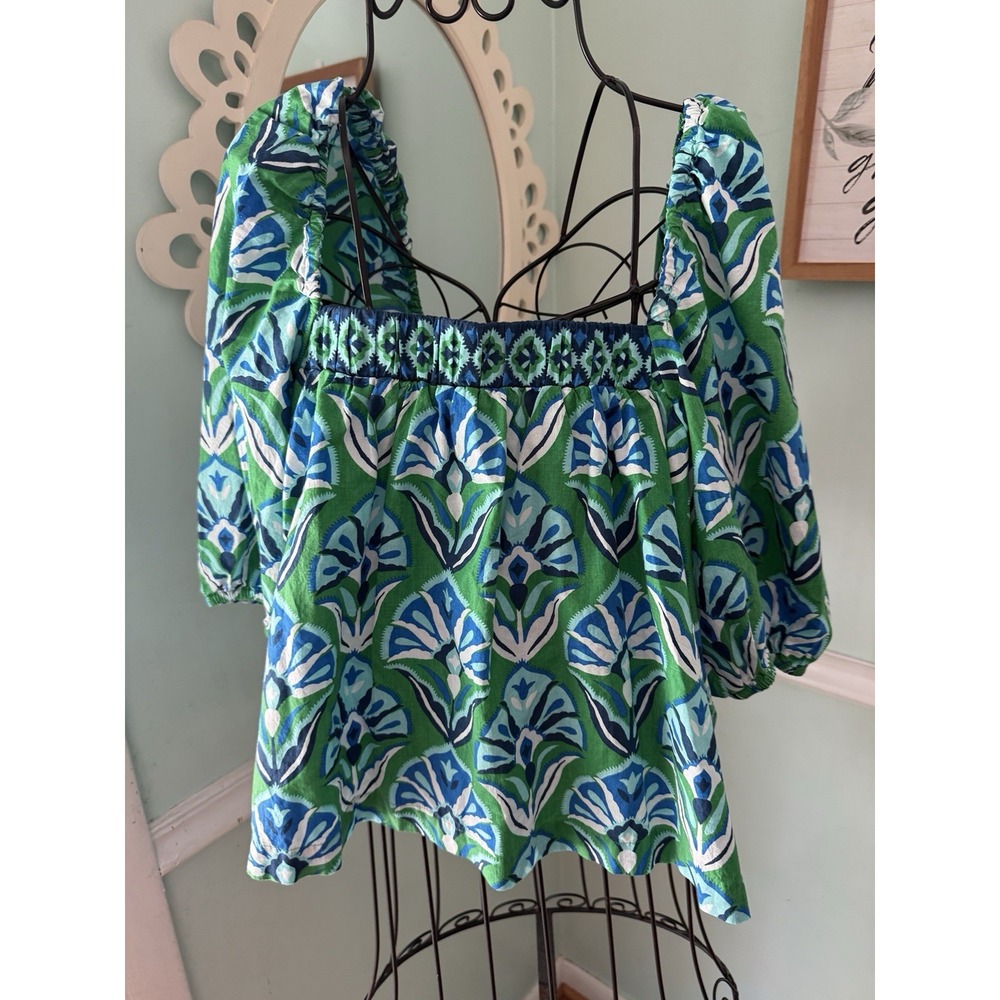 Print Fresh Top Green Blue Short Puff Sleeve Preppy Summer Bright- Size L